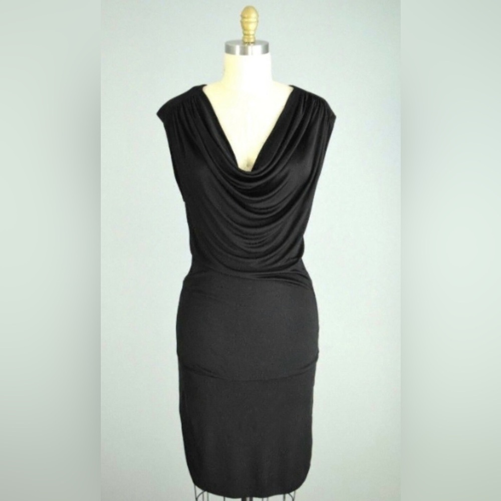 Black Halo Black Cowl Neck Sheath Dress Ruched Gathered Draped Back Size XS
